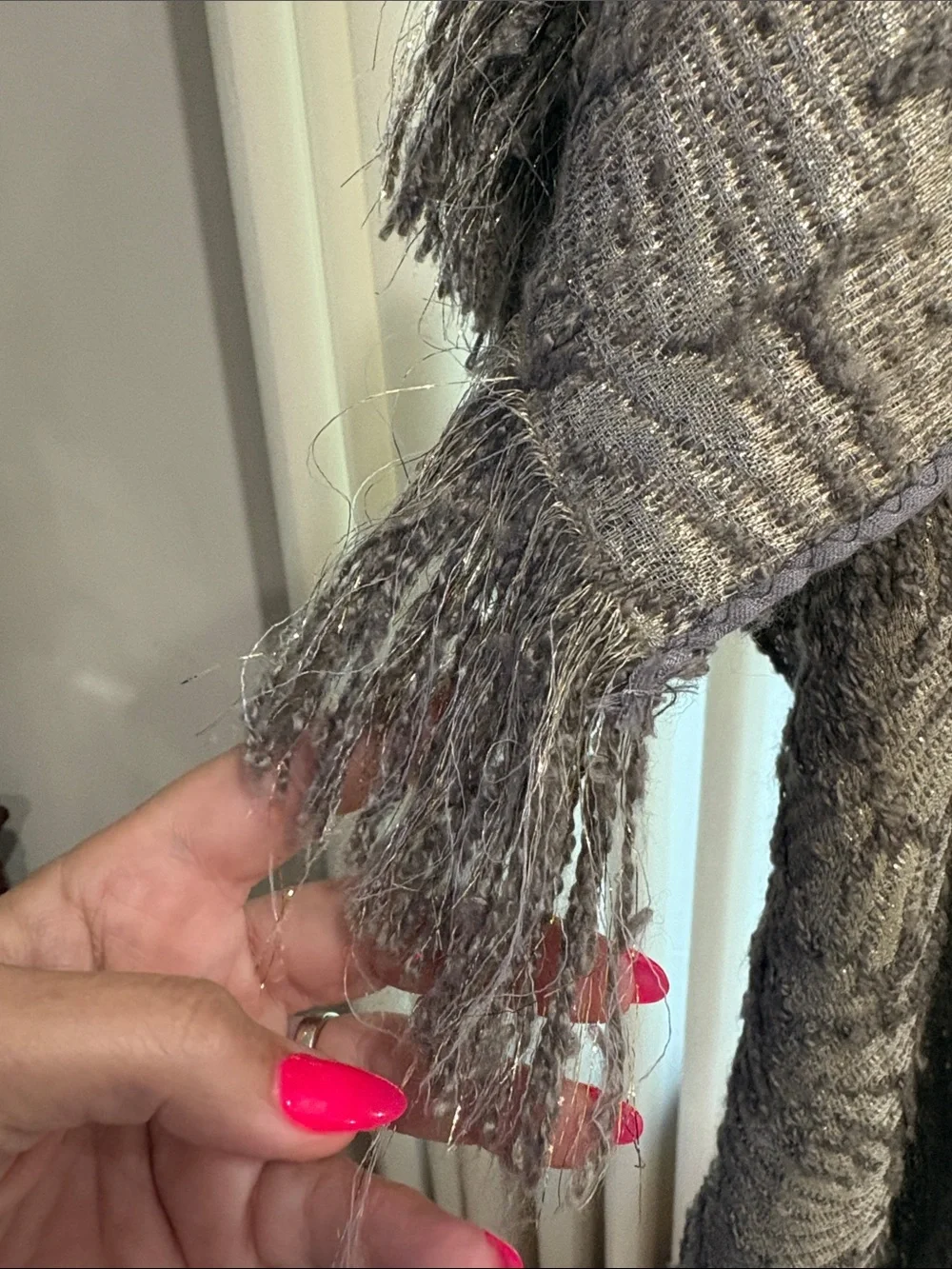 Textured metallic gold gray floral textured pattern Fringe Shawl Wrap
